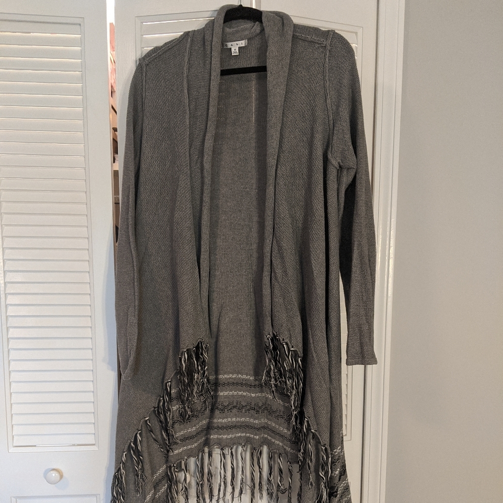 CABI gray Prarie Fringe Duster Sweater 974 Size M
